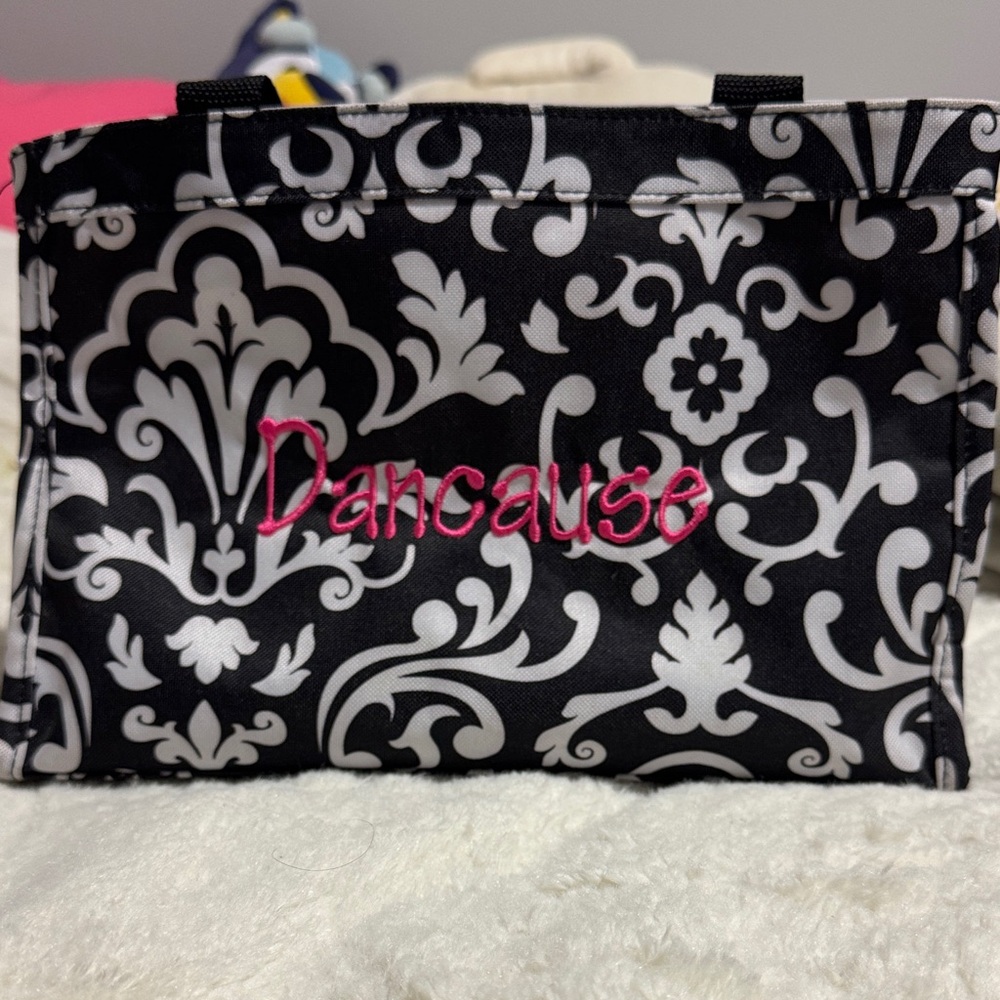 thirty-one Black & White Damask Tote with Pink Embroidered “Dancause”